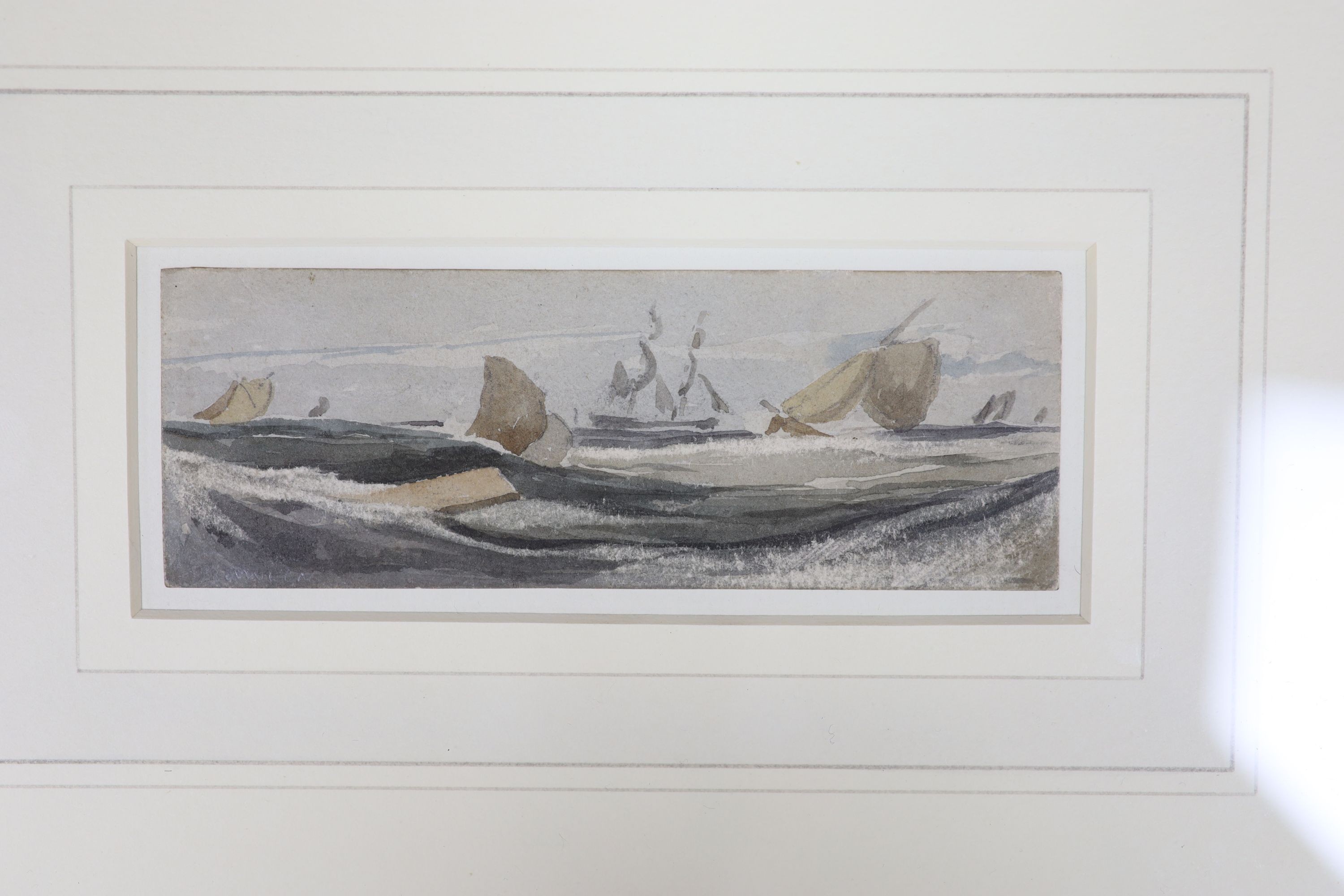 Francois Louis Thomas Francia (1772-1839), watercolour, Shipping beating up the Channel, signed, 4.5 x 13cm.